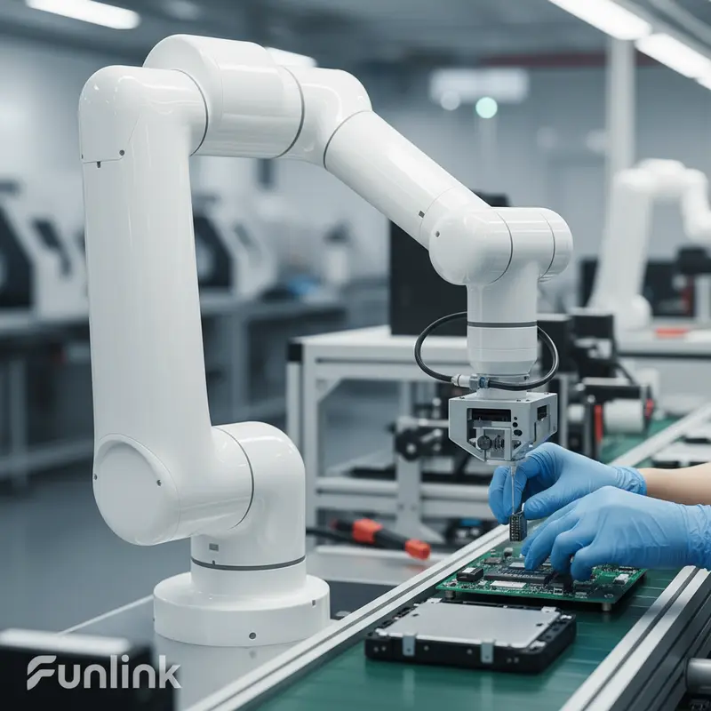 Cận cảnh Cobot đang hợp tác an toàn với công nhân lắp ráp linh kiện điện tử chính xác