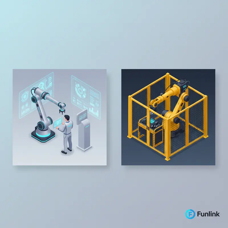 Infographic so sánh Cobot an toàn làm việc cùng người và robot công nghiệp truyền thống bị cô lập