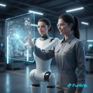 Cobot - hình ảnh một kỹ sư đang làm việc hợp tác an toàn cùng cánh tay robot cộng tác trong nhà máy thông minh.