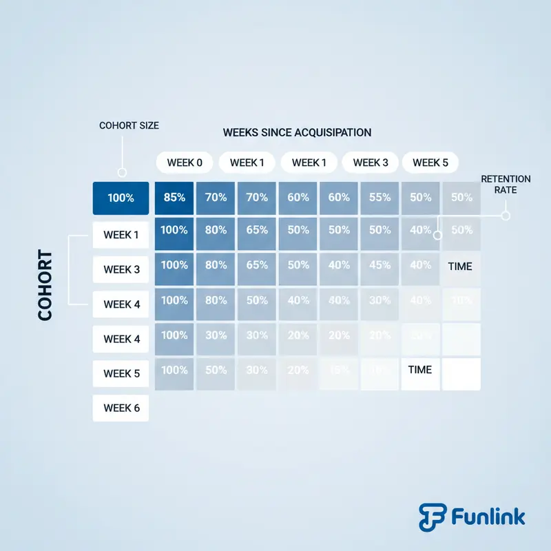 Biểu đồ mẫu về Cohort Analysis là gì, thể hiện tỷ lệ giữ chân khách hàng theo thời gian.