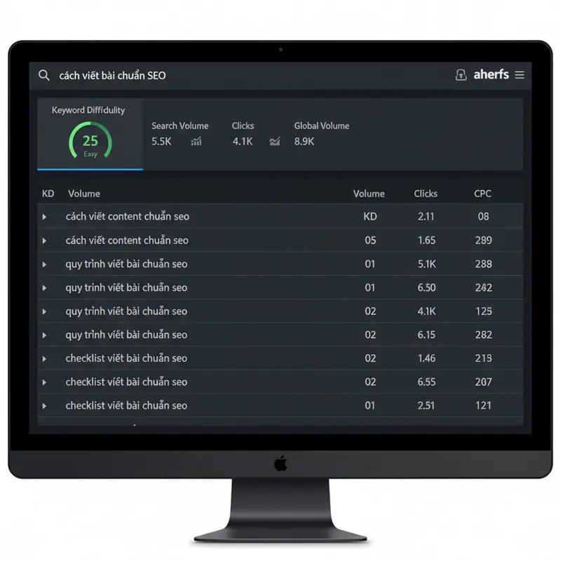 Giao diện công cụ Ahrefs đang phân tích từ khóa 'cách viết bài chuẩn SEO'