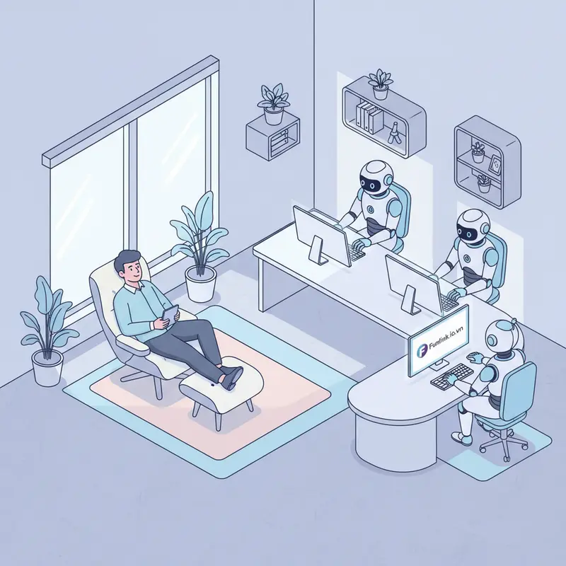 Minh họa công cụ AI hỗ trợ công việc tự động hóa các tác vụ lặp lại, giúp con người có thêm thời gian thư giãn.