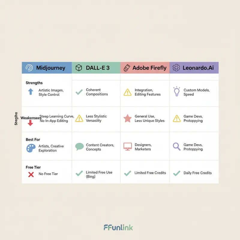 Bảng so sánh các công cụ AI tạo ảnh miễn phí hàng đầu 2025: Midjourney, DALL-E 3, Adobe Firefly.