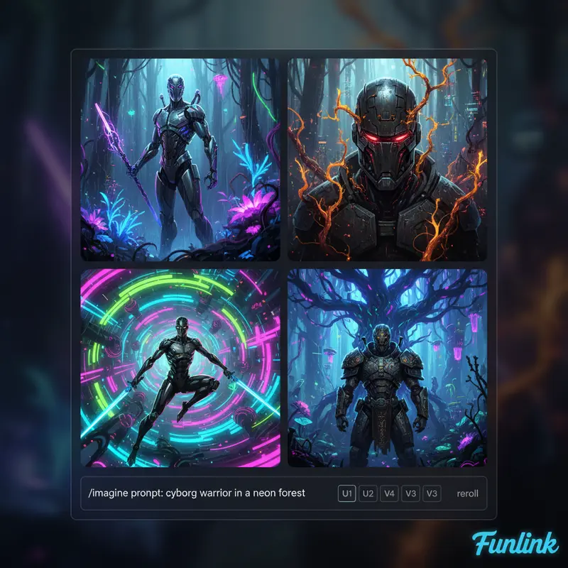 Giao diện công cụ AI tạo ảnh miễn phí Midjourney trên Discord với 4 ảnh chiến binh cyborg.