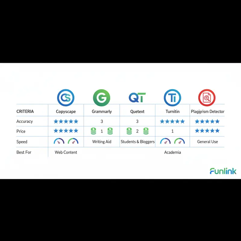 Bảng so sánh 5 công cụ check đạo văn hàng đầu: Copyscape, Grammarly, Quetext, Turnitin, và Plagiarism Detector.