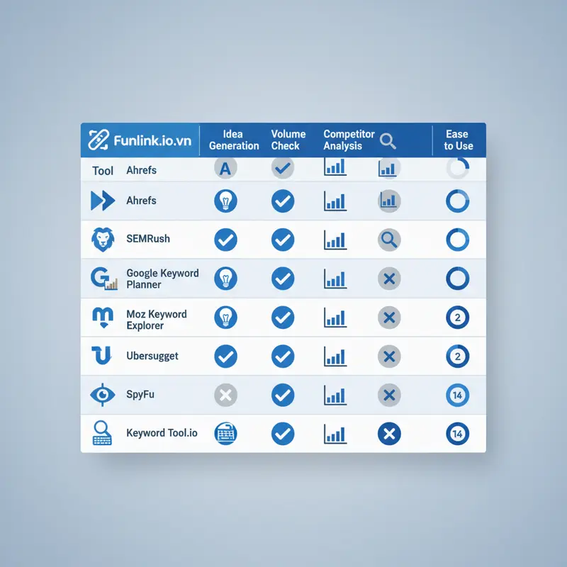 Bảng so sánh 7 công cụ nghiên cứu từ khóa miễn phí tốt nhất về tính năng và mức độ phù hợp cho người mới.