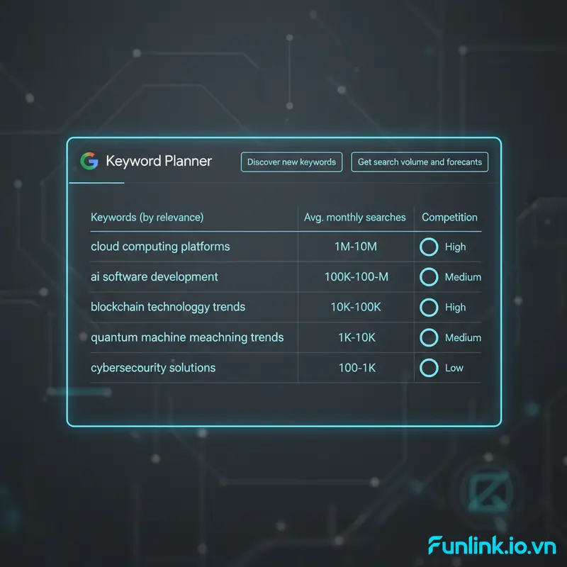 Giao diện công cụ nghiên cứu từ khóa miễn phí Google Keyword Planner với các gợi ý từ khóa và volume tìm kiếm.