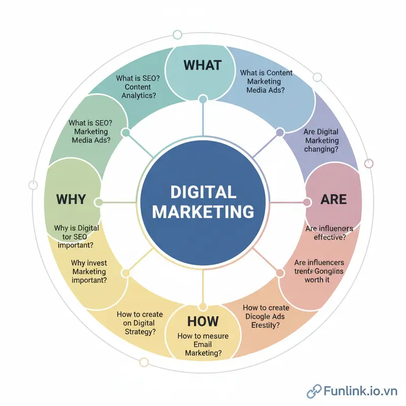 Sơ đồ tư duy hình tròn của công cụ nghiên cứu từ khóa miễn phí AnswerThePublic thể hiện các câu hỏi liên quan.