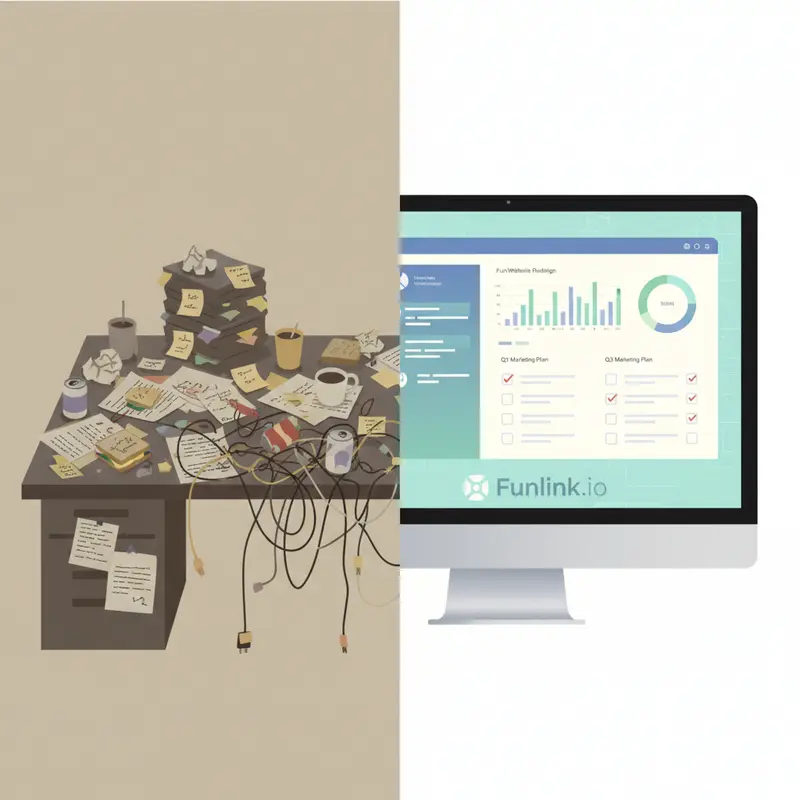 Sự khác biệt giữa bàn làm việc hỗn loạn và dashboard công cụ quản lý dự án ngăn nắp.