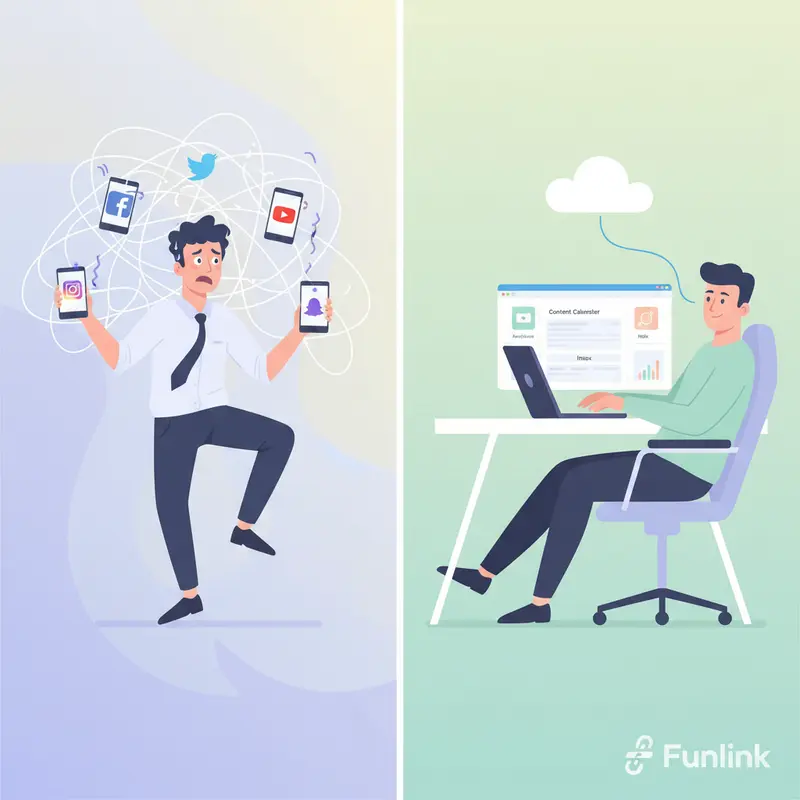 So sánh hiệu quả của công cụ quản lý mạng xã hội: marketer căng thẳng với nhiều app và marketer thư giãn với một dashboard.