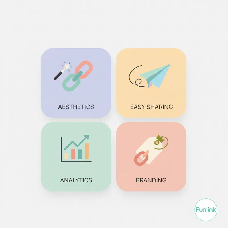 Infographic minh họa lợi ích của công cụ rút gọn link miễn phí: thẩm mỹ, dễ chia sẻ, theo dõi hiệu quả, tăng nhận diện thương hiệu.