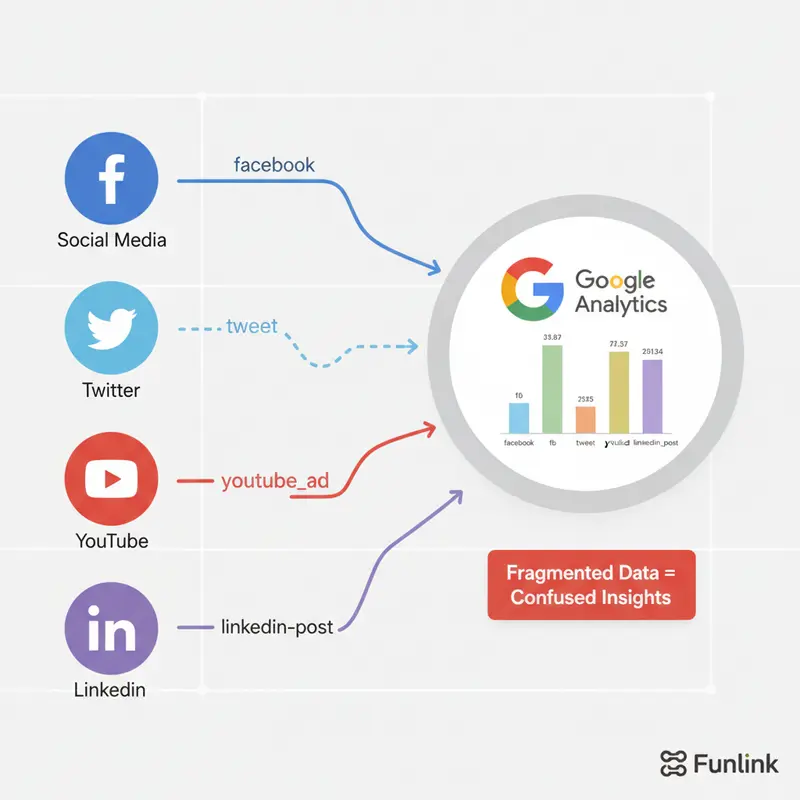 Sơ đồ minh họa dữ liệu từ công cụ rút gọn link UTM bị phân mảnh, một lỗi thường gặp khi dùng UTM không nhất quán.