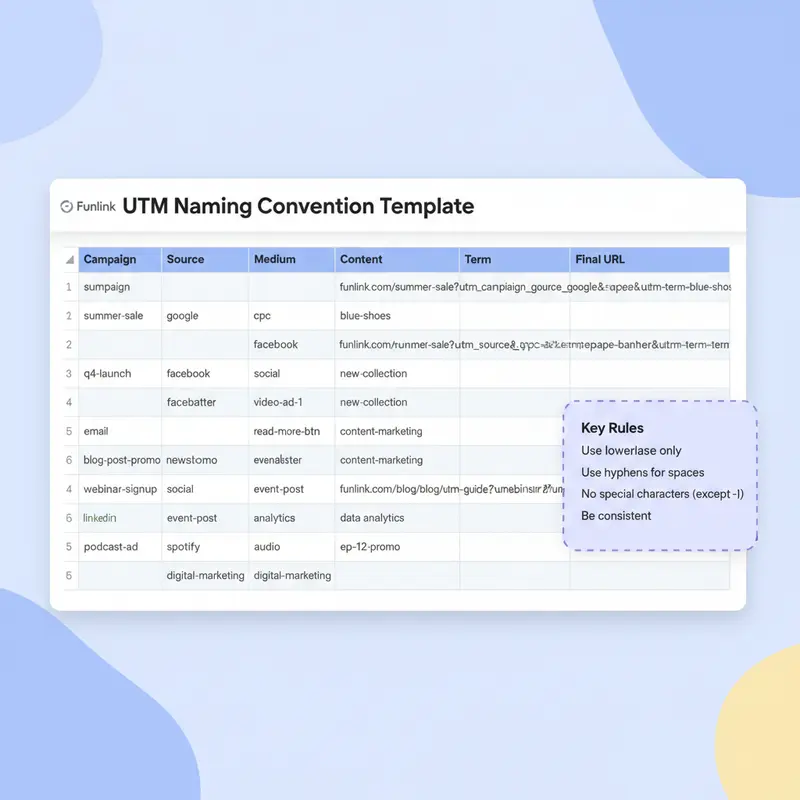 Template Google Sheets mẫu cho việc quản lý link UTM tập trung bằng một công cụ như Google Sheets.