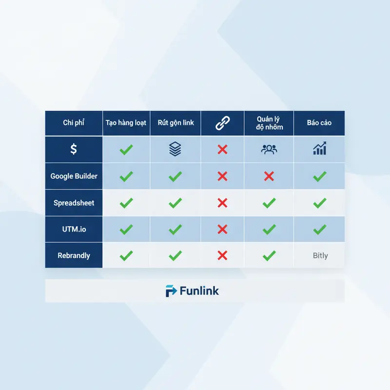 Bảng so sánh tính năng các công cụ tạo link UTM phổ biến nhất hiện nay.