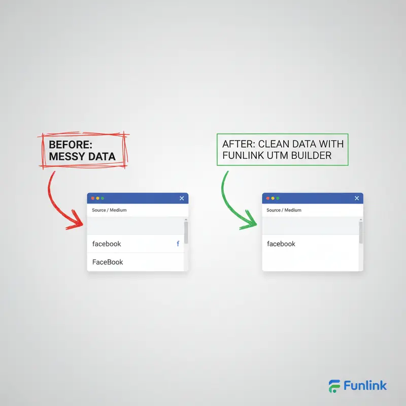So sánh dữ liệu Google Analytics từ công cụ tạo link UTM chuẩn và link thủ công bị lỗi.