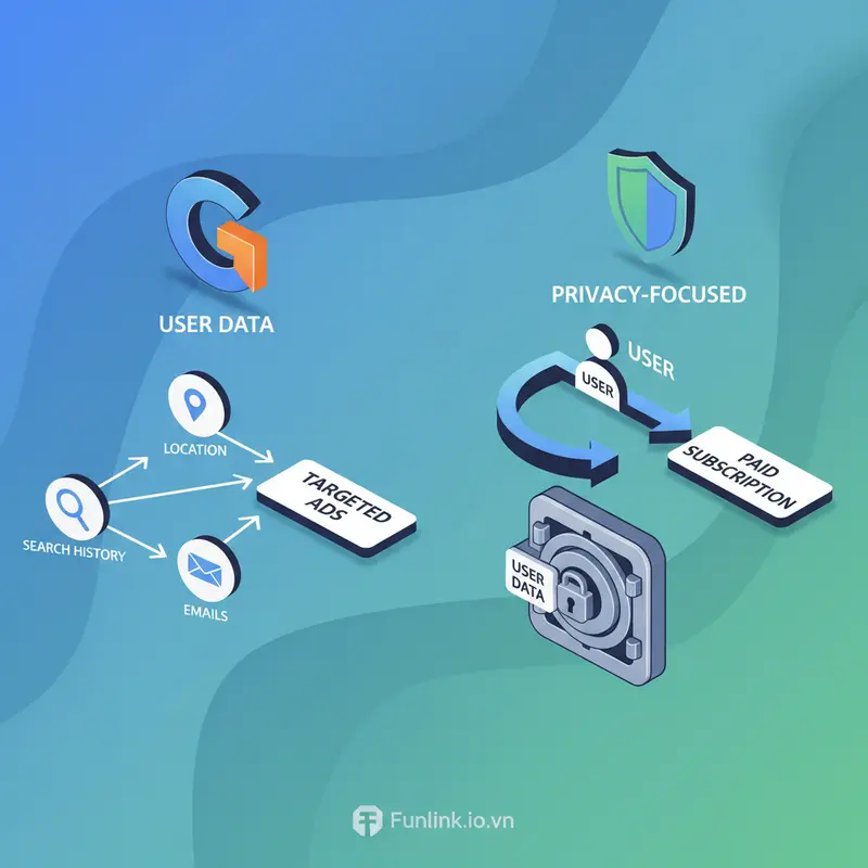 Công cụ thay thế Google - so sánh mô hình kinh doanh thu thập dữ liệu và mô hình bảo mật.