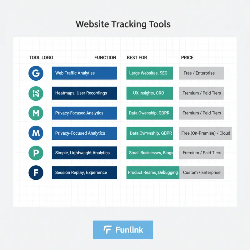 Bảng so sánh các công cụ tracking website theo chức năng, đối tượng và giá.