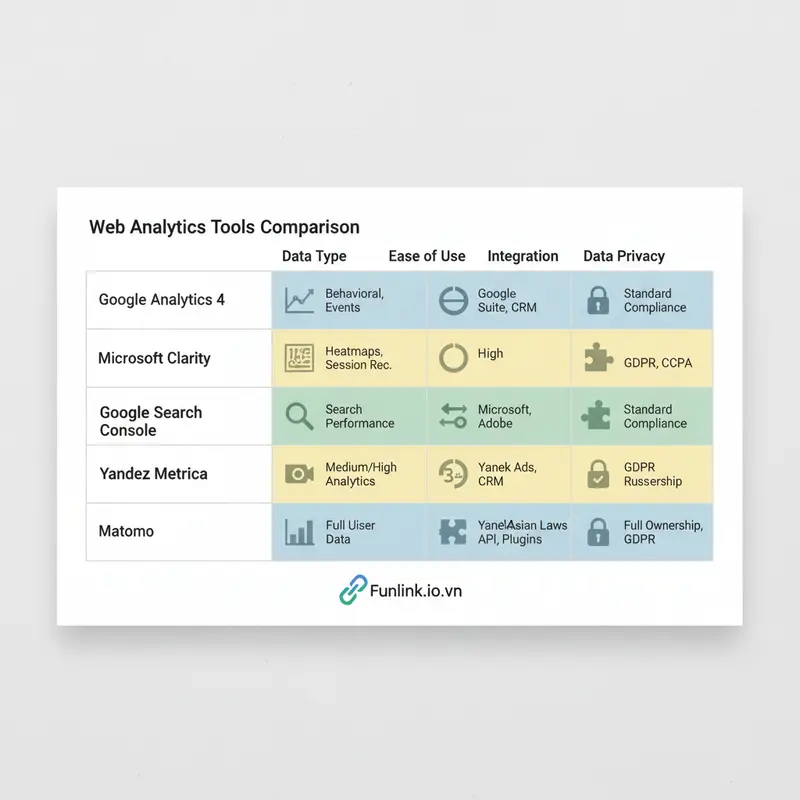 Bảng so sánh 5 công cụ tracking website miễn phí theo các tiêu chí quan trọng như loại dữ liệu, độ dễ sử dụng và quyền riêng tư.