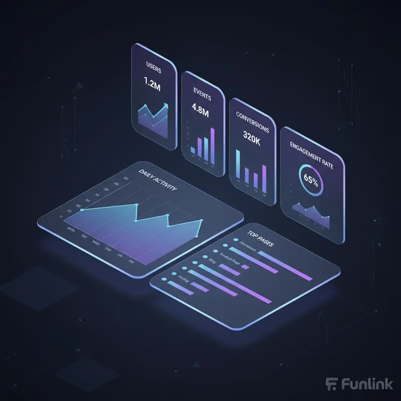 Giao diện dashboard tổng quan của công cụ tracking website miễn phí Google Analytics 4, hiển thị các chỉ số chính.