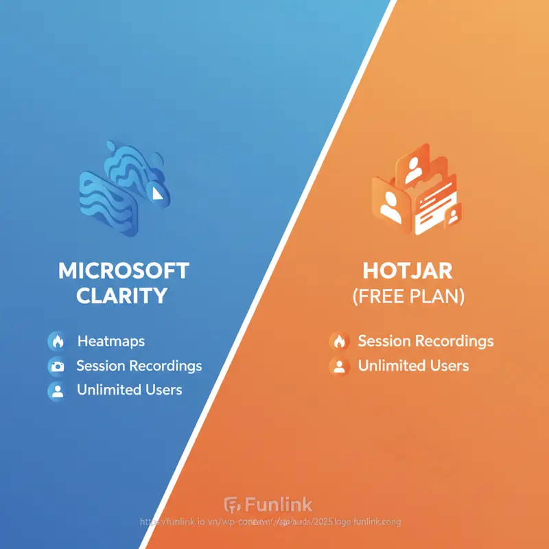 Infographic so sánh công cụ tracking website miễn phí Microsoft Clarity và Hotjar về tính năng heatmap và session recording.
