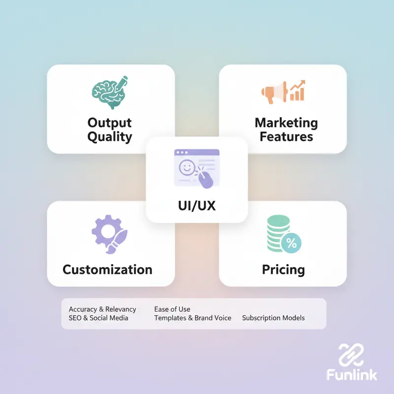 Infographic 5 tiêu chí lựa chọn công cụ viết content AI: chất lượng, tính năng, UI/UX, tùy chỉnh, và giá.