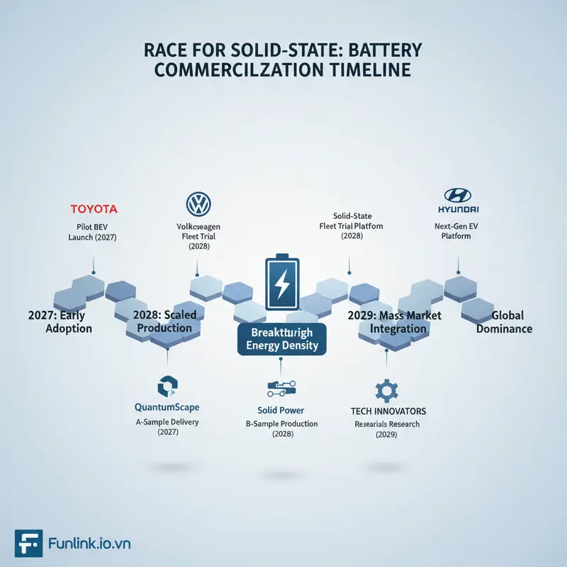 Infographic về cuộc đua công nghệ pin xe điện thể rắn với logo Toyota, VW và các mốc thời gian dự kiến.