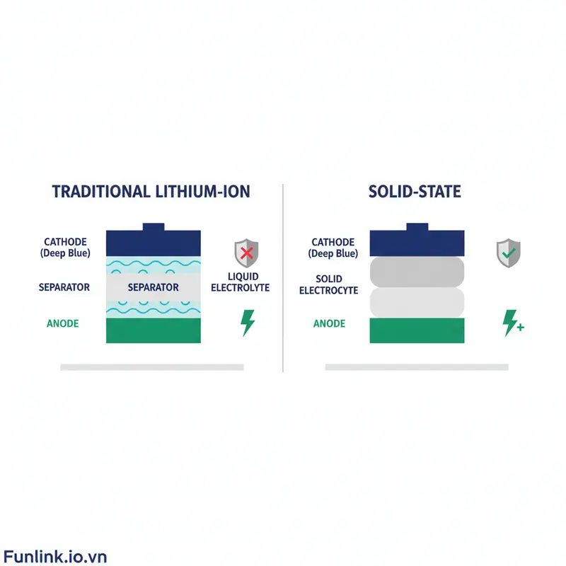 Sơ đồ so sánh công nghệ pin xe điện thể rắn và pin Lithium-ion, cho thấy sự khác biệt về cấu trúc và an toàn.