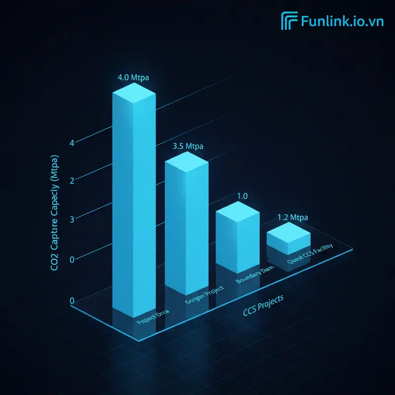 Biểu đồ cột so sánh công suất của các dự án công nghệ thu giữ carbon CCS toàn cầu.