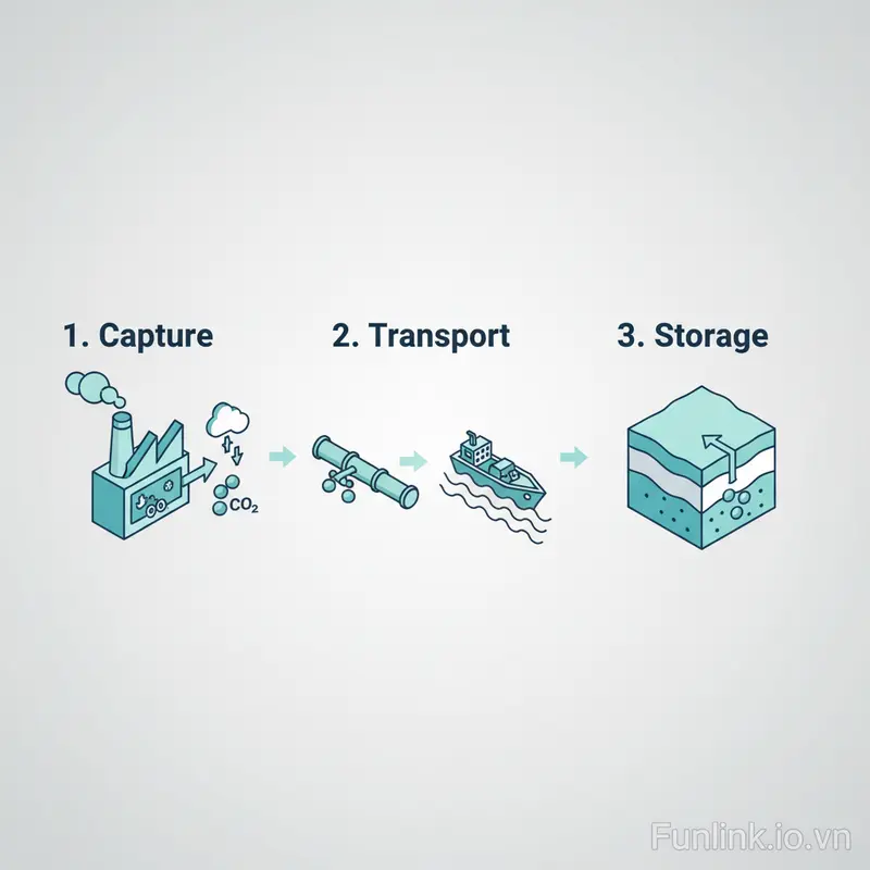 Sơ đồ infographic 3 giai đoạn của công nghệ thu giữ carbon CCS: Thu giữ, Vận chuyển và Lưu trữ.
