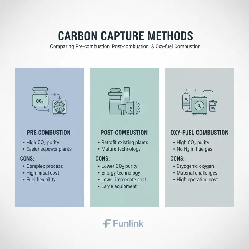 Sơ đồ so sánh ba phương pháp chính của công nghệ thu giữ carbon: trước đốt, sau đốt, và đốt oxy.