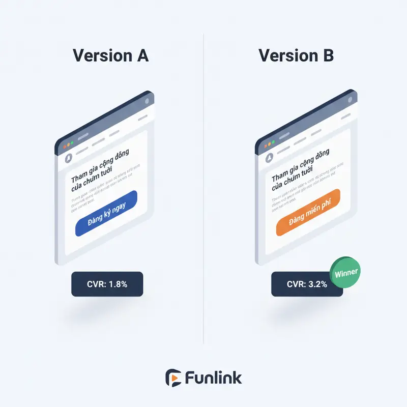 Minh họa A/B testing nút CTA để tối ưu conversion rate, so sánh giữa hai phiên bản.