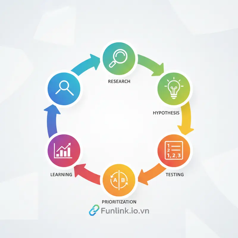 Sơ đồ vòng lặp 5 bước của quy trình CRO là gì: từ Nghiên cứu đến Phân tích kết quả.