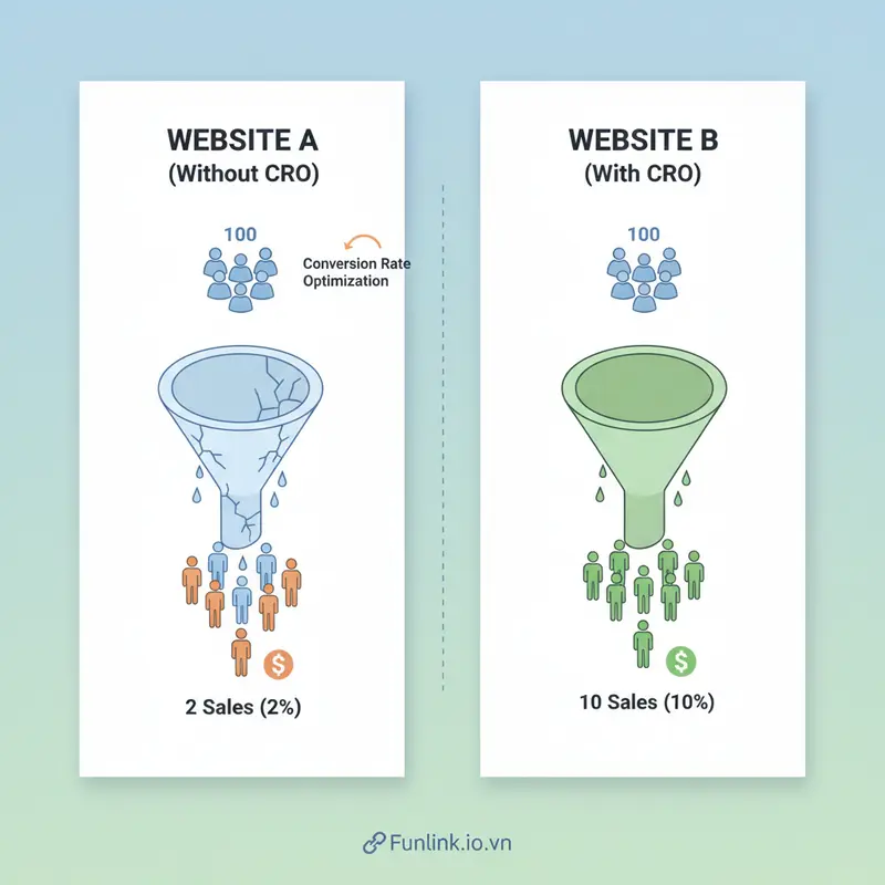 Infographic so sánh hiệu quả CRO là gì: website có và không có CRO với cùng traffic nhưng doanh thu khác biệt.