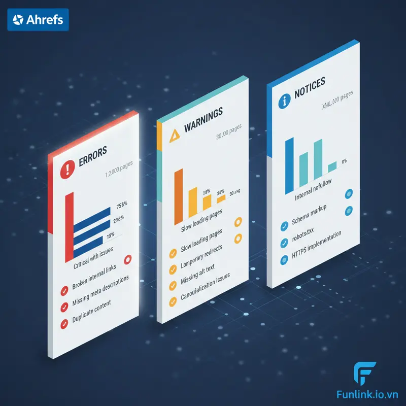 Báo cáo Site Audit trong AWT phân loại các lỗi SEO kỹ thuật theo mức độ nghiêm trọng.