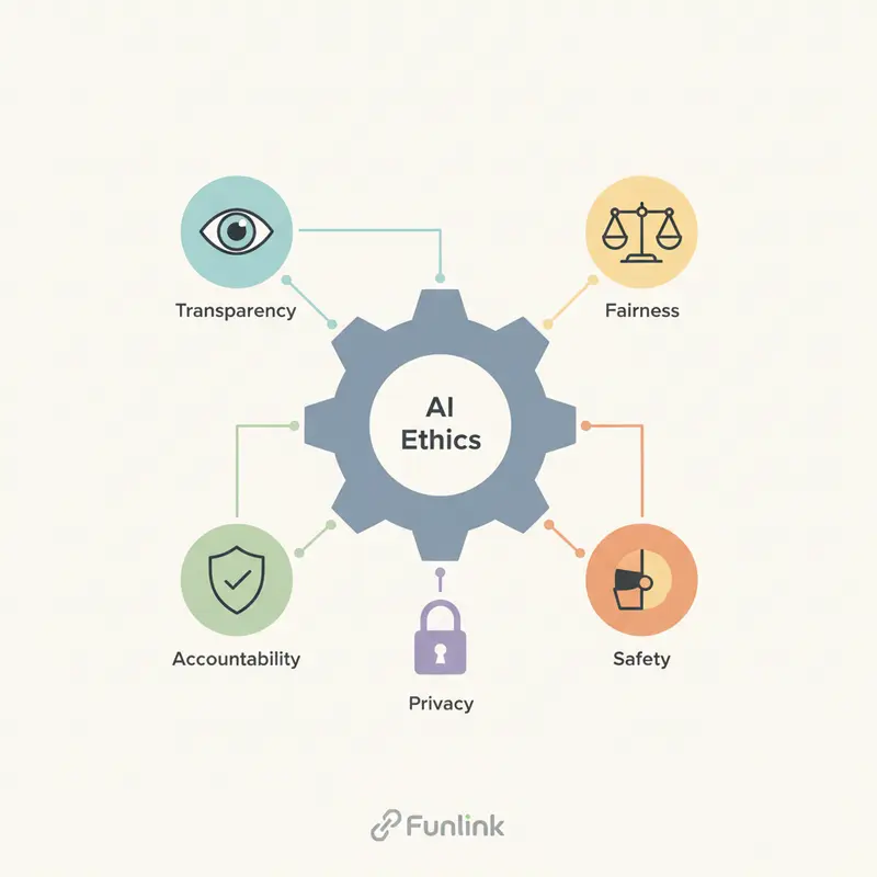 Infographic 5 nguyên tắc cốt lõi của đạo đức AI: Minh bạch, Công bằng, Trách nhiệm, Bảo mật, và An toàn.