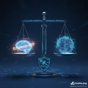 Đạo đức AI và bản quyền - hình ảnh một cán cân công lý cân bằng giữa bộ não người và bộ não kỹ thuật số.