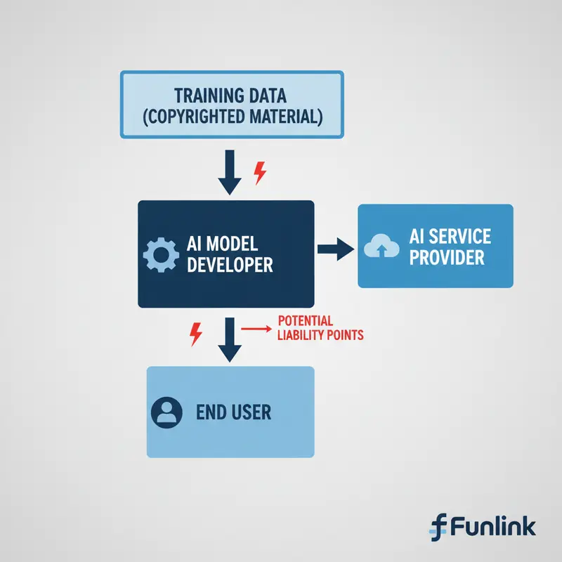 Sơ đồ luồng trách nhiệm pháp lý về bản quyền AI, từ dữ liệu huấn luyện đến người dùng cuối.