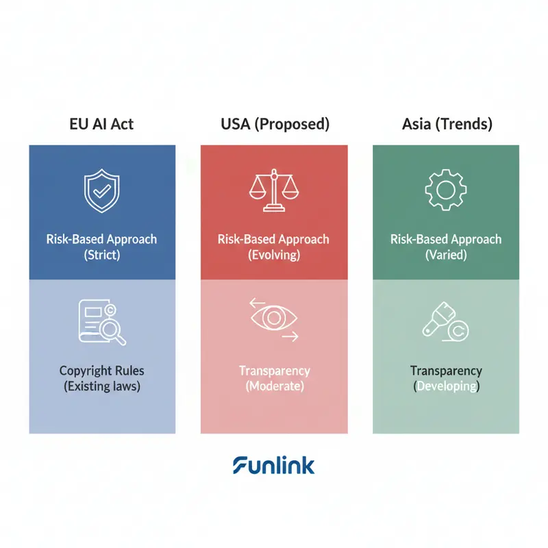 Infographic so sánh luật bản quyền AI của EU, Hoa Kỳ và Châu Á, nhấn mạnh các điểm khác biệt chính.