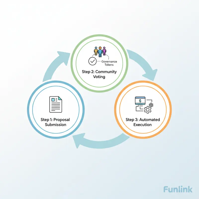 Infographic giải thích luồng hoạt động của DAO là gì, từ tạo đề xuất, bỏ phiếu đến thực thi tự động.