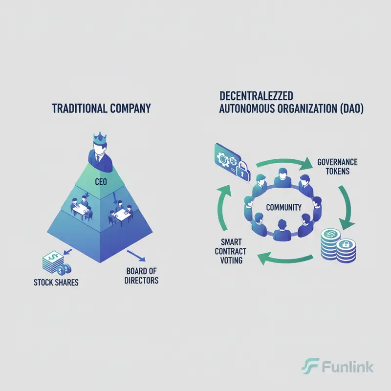 So sánh DAO là gì và công ty truyền thống qua các yếu tố: CEO, cổ phiếu, và hội đồng quản trị.