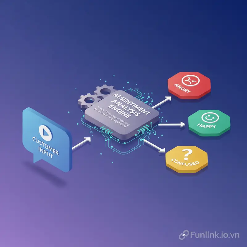 Sơ đồ quy trình Sentiment Analysis trong đào tạo AI chatbot, phân loại cảm xúc khách hàng như tức giận, vui vẻ.