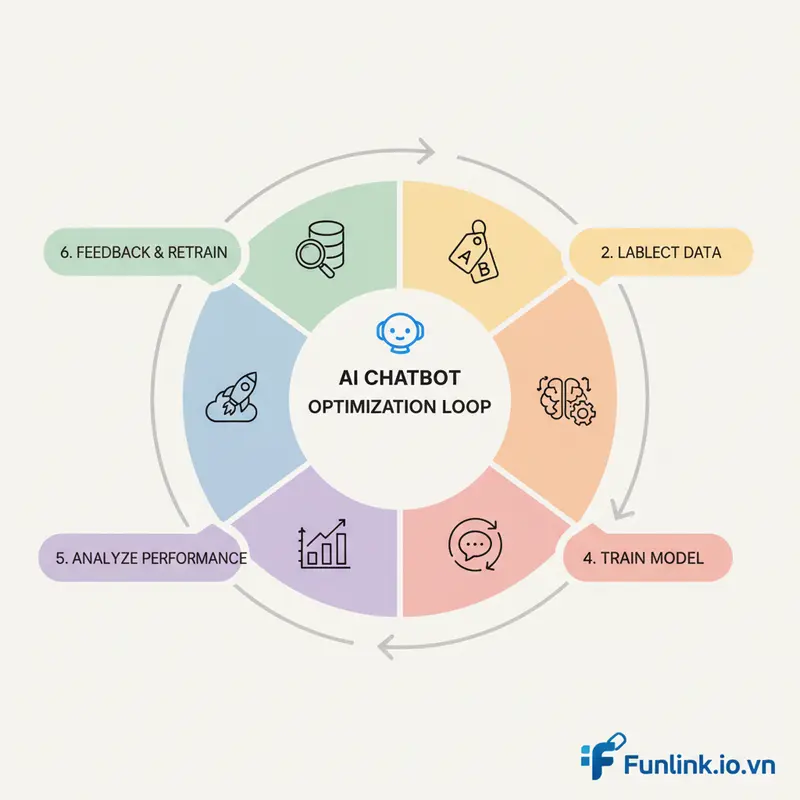 Infographic vòng lặp 6 bước để đào tạo AI Chatbot, từ thu thập dữ liệu đến phân tích và tối ưu liên tục.