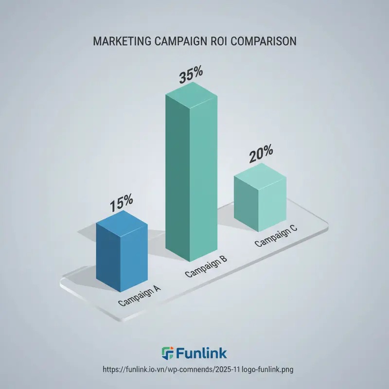 Biểu đồ cột so sánh ROI trên dashboard báo cáo chiến dịch cho thấy hiệu suất đầu tư của từng kênh.