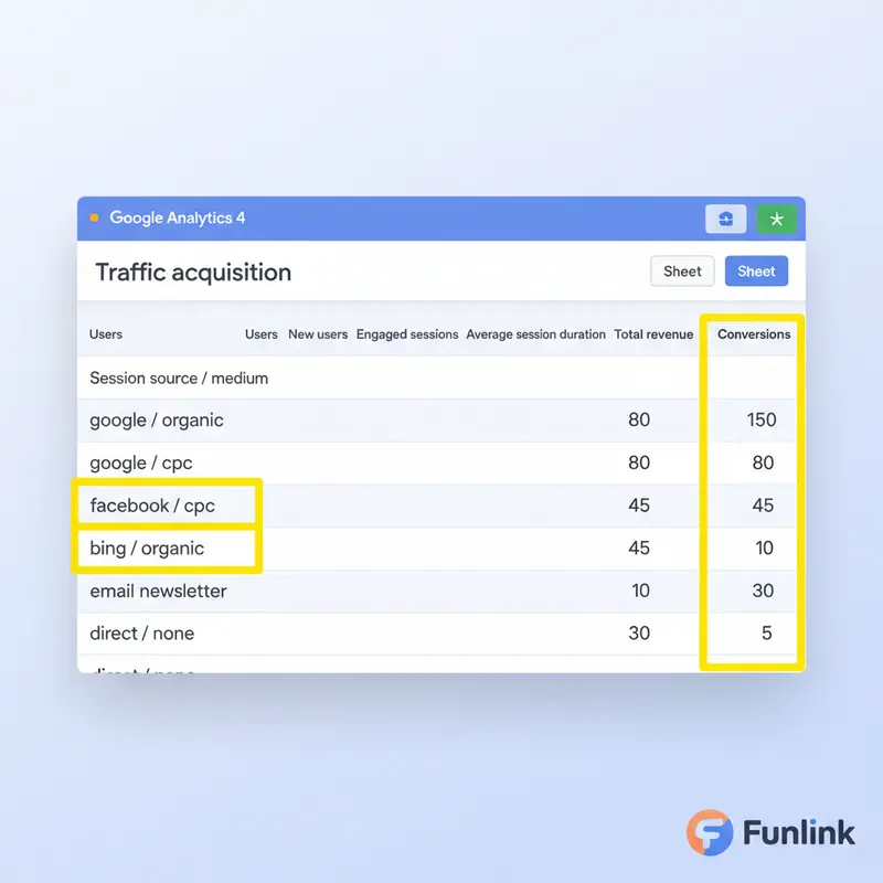 Giao diện báo cáo chuyển đổi của dashboard báo cáo chiến dịch trong GA4, so sánh các kênh UTM.