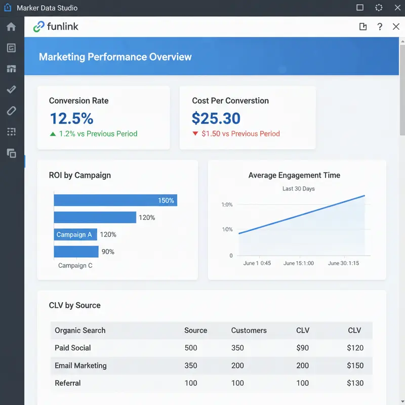 Mẫu dashboard báo cáo chiến dịch trên Looker Studio tích hợp 5 chỉ số marketing quan trọng.
