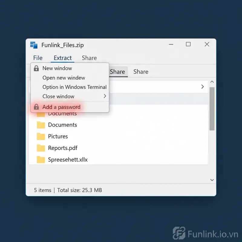 Giao diện File Explorer của Windows hiển thị cách đặt mật khẩu cho file nén ZIP có sẵn.