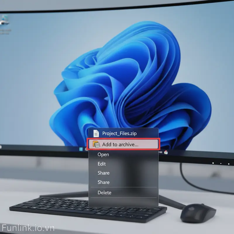 Menu chuột phải trên Windows với tùy chọn Add to archive được highlight để bắt đầu đặt mật khẩu cho file nén.