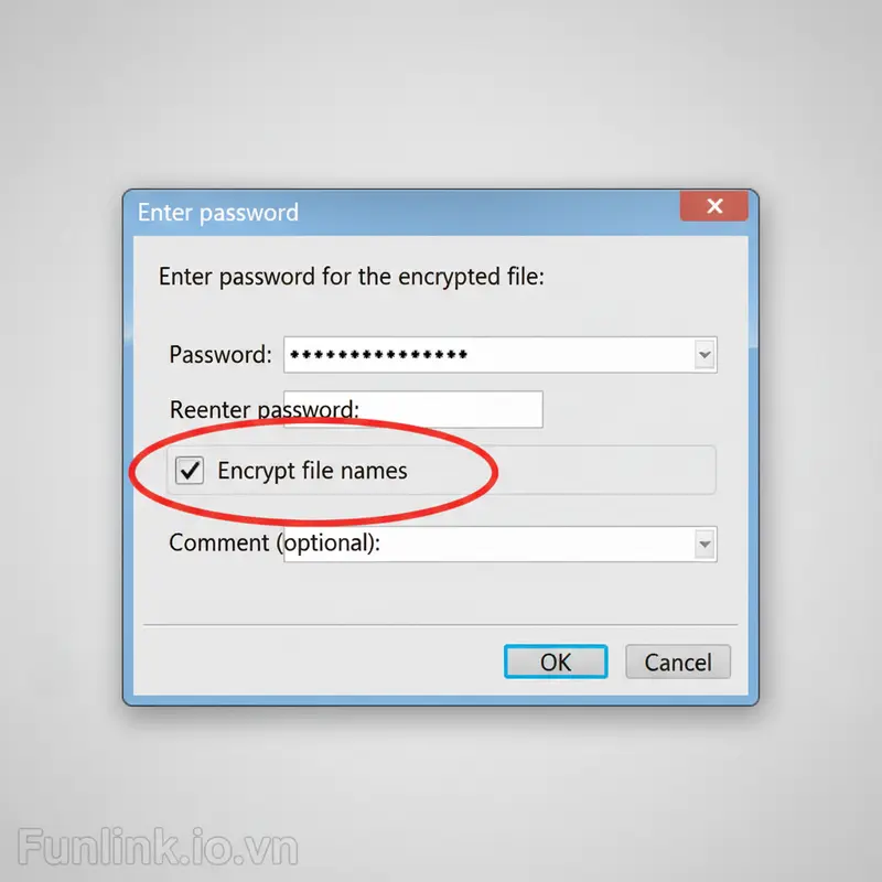 Hộp thoại đặt mật khẩu của WinRAR, nhấn mạnh tùy chọn Encrypt file names để tăng cường bảo mật cho file nén.