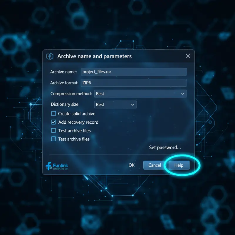 Giao diện WinRAR để đặt mật khẩu cho file nén với nút Set password được highlight