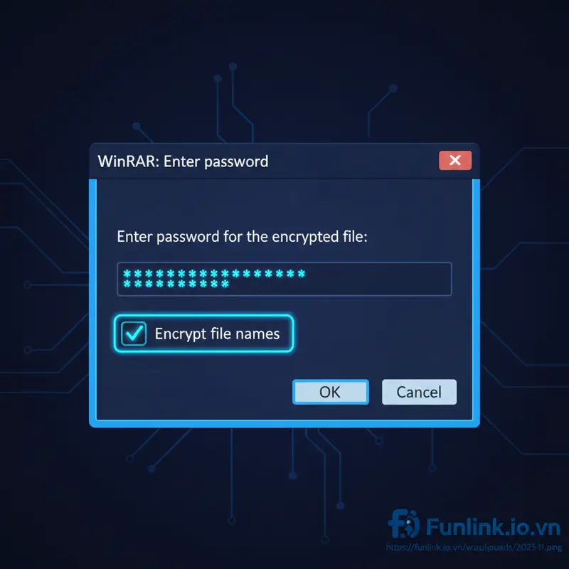 Hộp thoại đặt mật khẩu cho file nén WinRAR với tùy chọn Encrypt file names